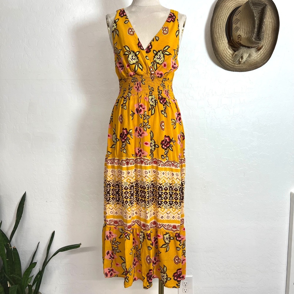 Cassee Bohemian Floral Maxi Dress Medium Yellow Pink Smocked Waist Tiered Slvls